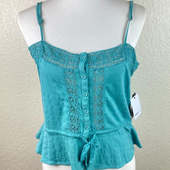 O'Neil Teal Embroidered Lace Trim Peplum Cami Pull String Top Sz S NWT - Picture 1 of 16